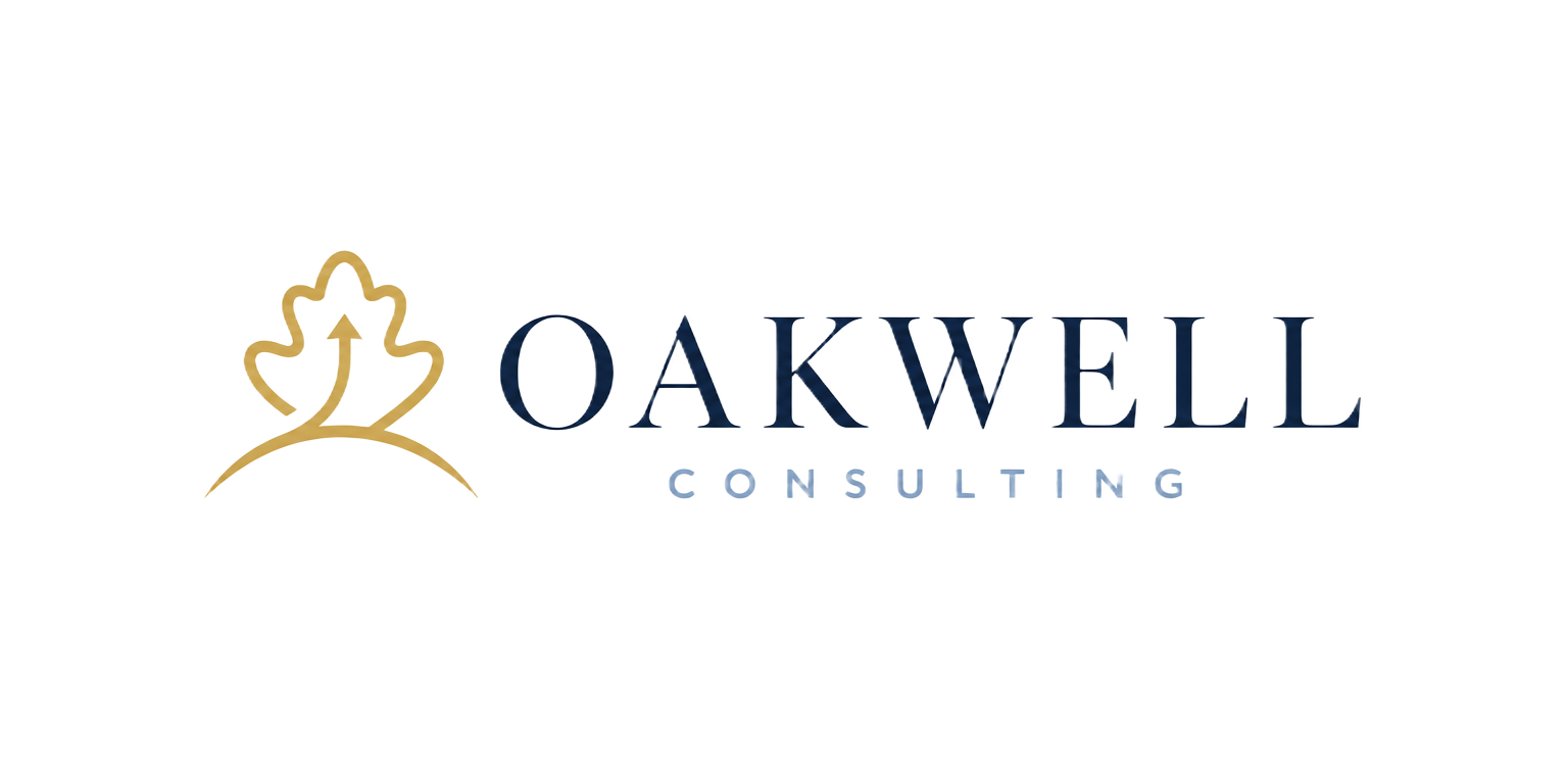Oakwell Consulting signature logo — gold oak leaf rising over a horizon